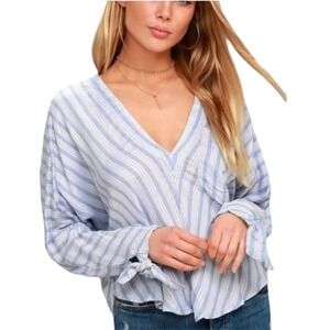 Free People Morning Striped Dolman V-Neck Top S Blue White Boho Coastal Gauzy